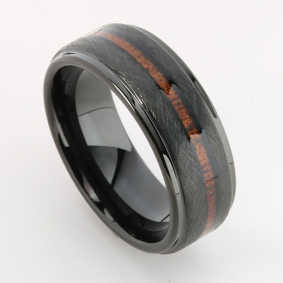 Black Tungsten Hawaiian Koa Wood Inlaid Flat Brushed Wedding Ring 8mm