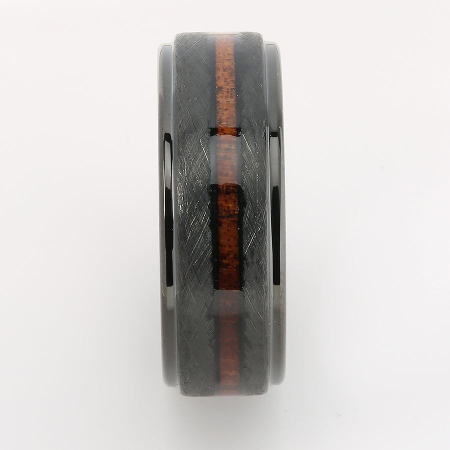 Black Tungsten Hawaiian Koa Wood Inlaid Flat Brushed Wedding Ring 8mm