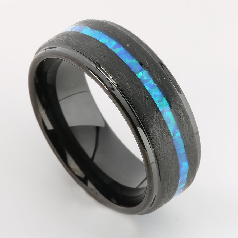 Black Tungsten Opal Inlaid Flat Brushed Wedding Ring 8mm – Nakoa