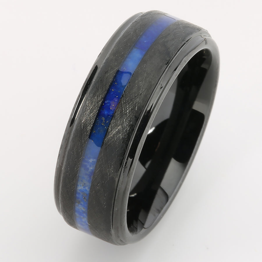 Black Tungsten Lapis Lazuli Inlaid Flat Brushed Wedding Ring 8mm