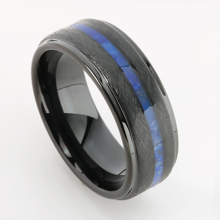 Black Tungsten Lapis Lazuli Inlaid Flat Brushed Wedding Ring 8mm